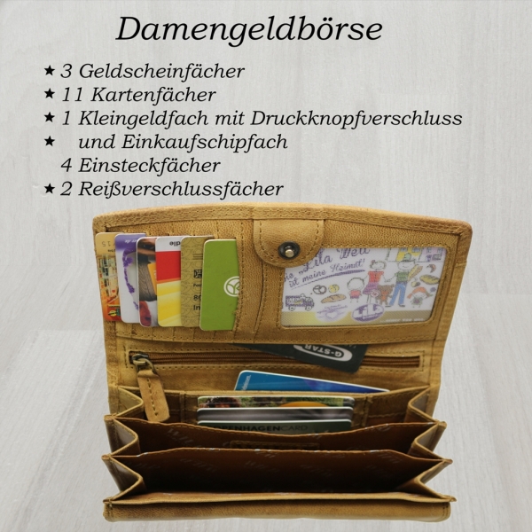flevado Wasserbüffel Damen Geldbörse Brieftasche RFID Schutz Doppelnaht Beige